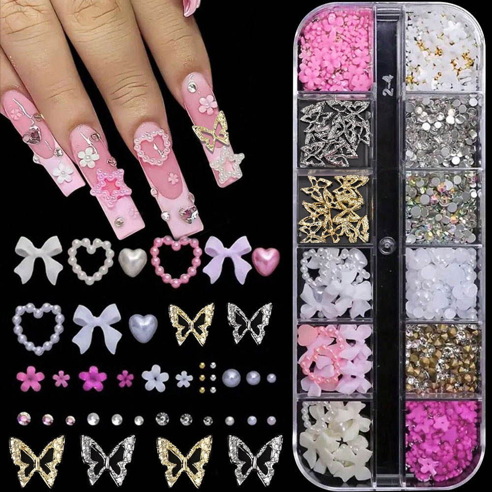 Crystal Bead Mix - 12Grid Pink White Bow Nail Art